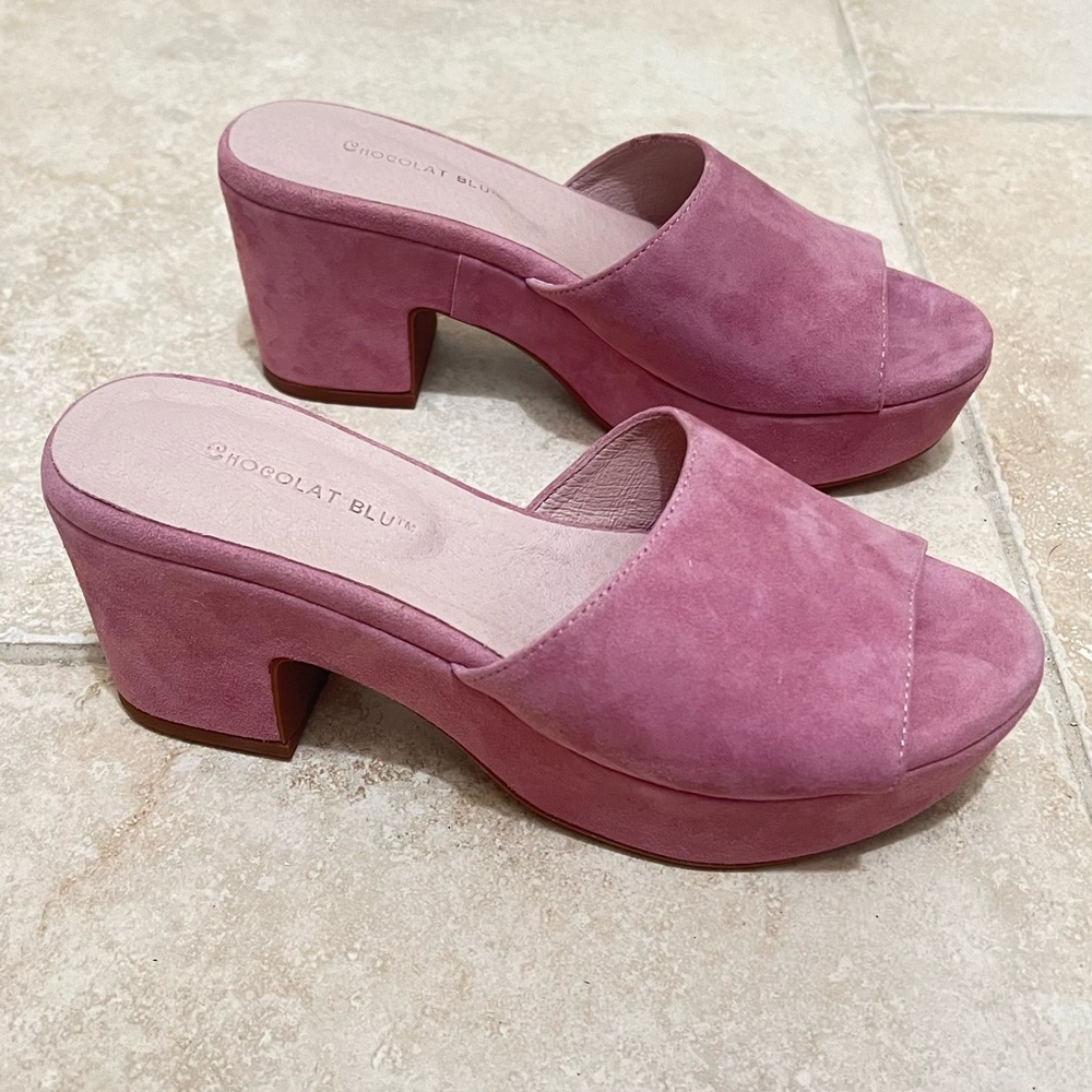 Chocolat Blu Pink Suede Platform Wedge Mules